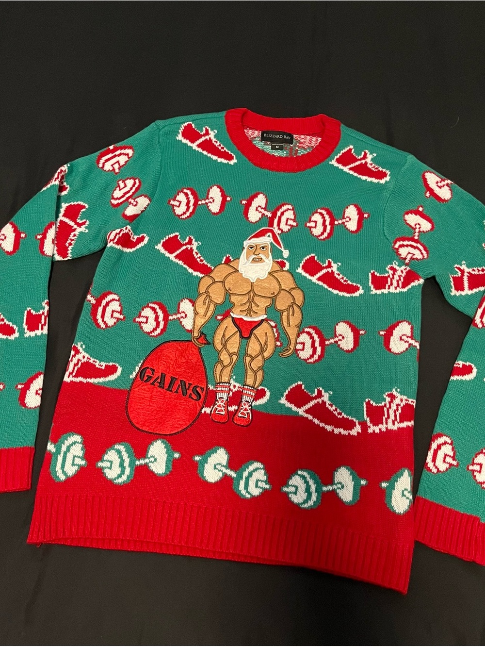 Blizzard Bay 'Gains' Muscle Santa Crewneck Sweater - Green & Red - Men
